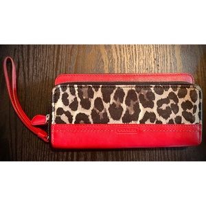 Authentic Coach Leopard Print Full Wallet with wristlet & red leather trim